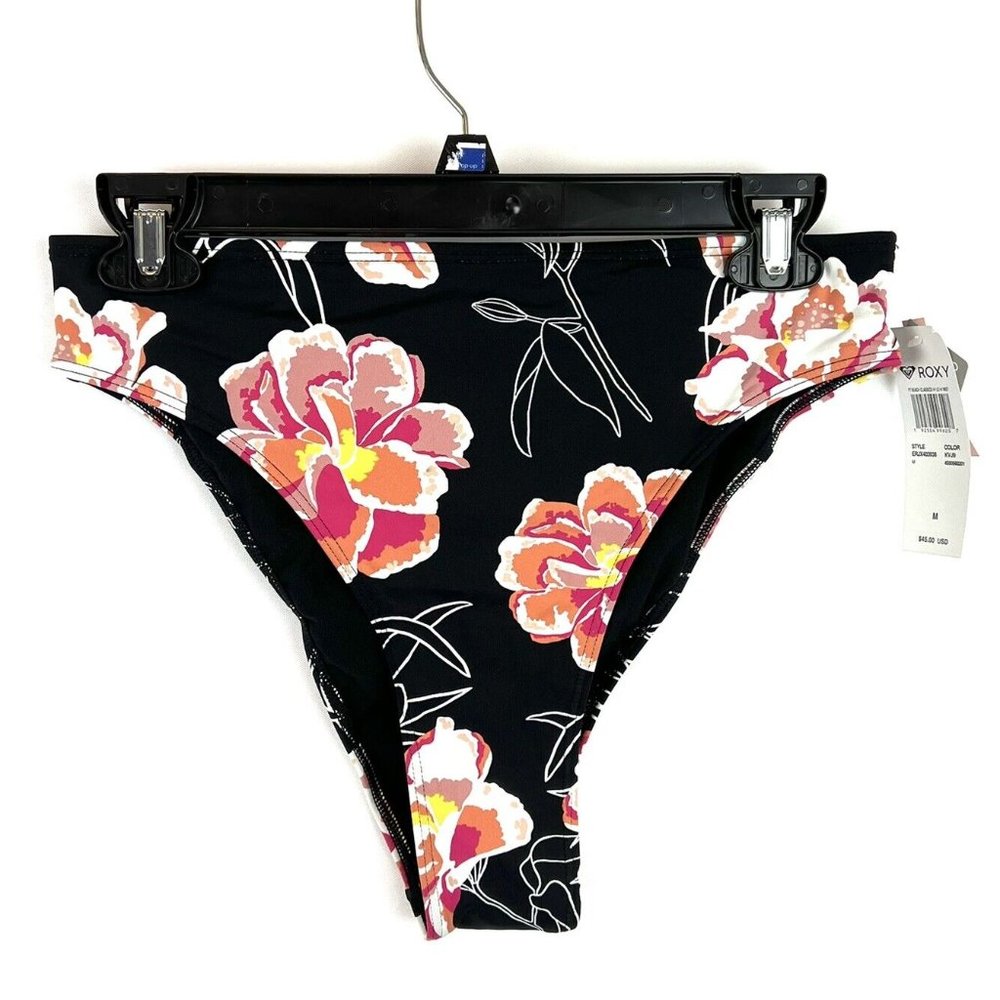 Roxy Women’s High Leg Black Floral High Waist Bikini Bottom Size M